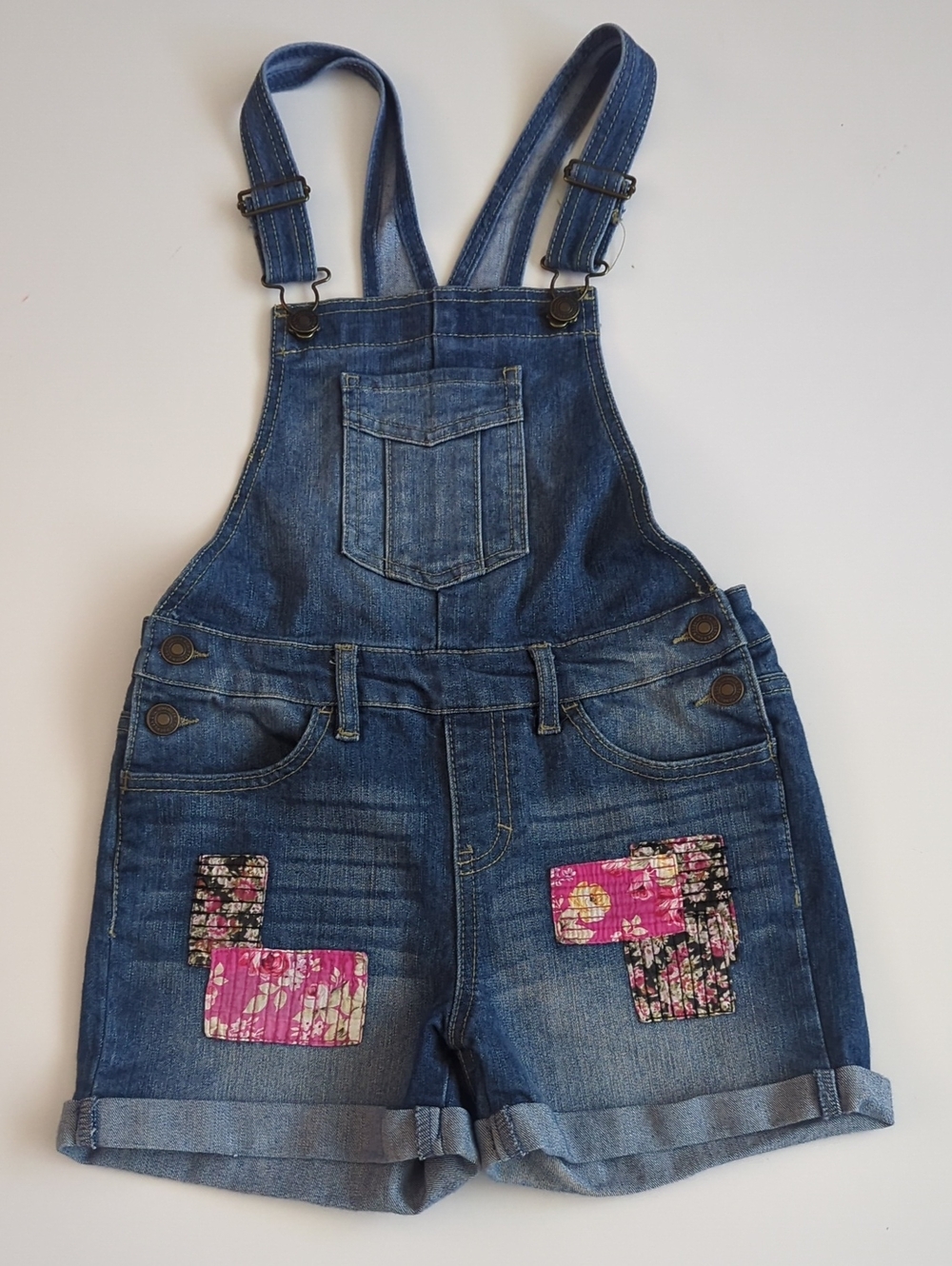 Denim Kids Suspenders Short Overalls with Pink Patch Details